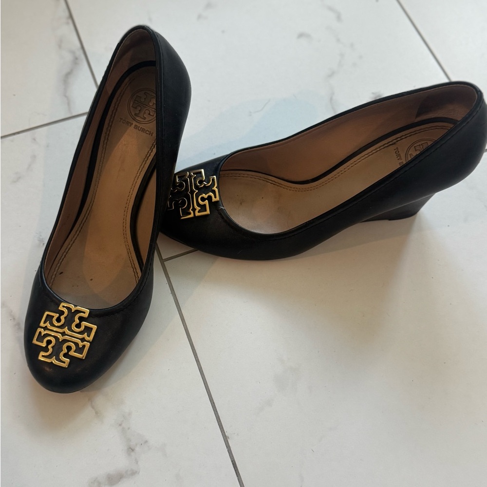 Tory Burch Black Heels with Gold Emblem